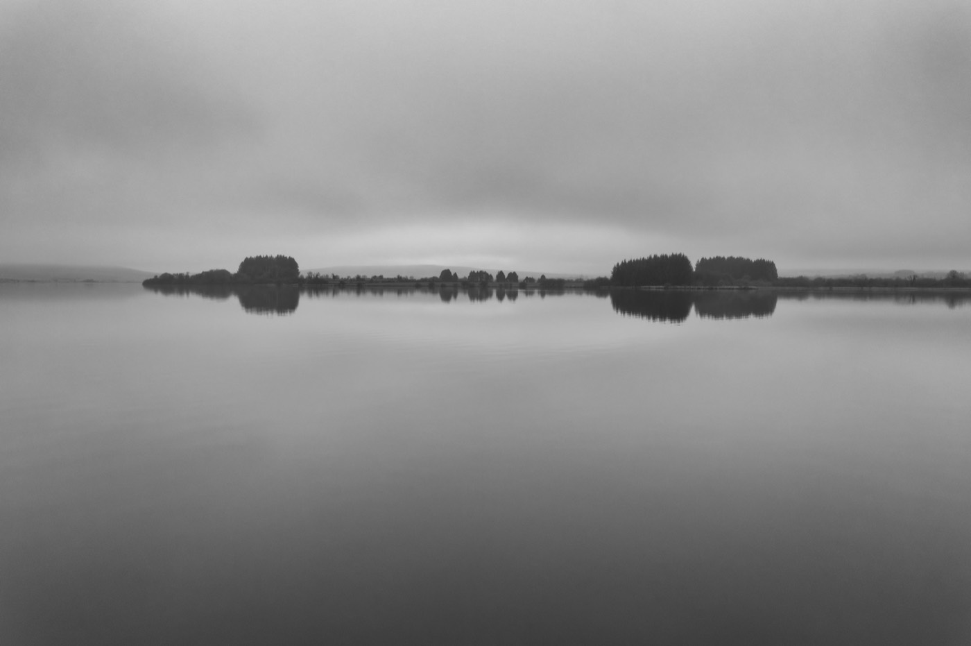 Deux bosquets se répondent de part et d'autre du lac, exactement doublés par leur reflet. L'eau et le ciel ont la même valeur.