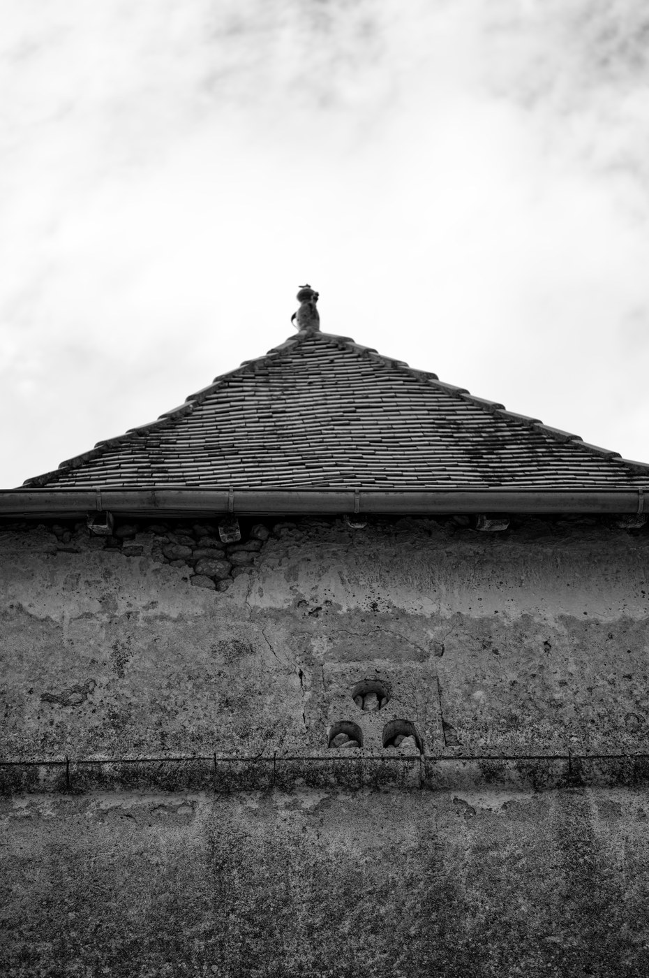 Le toit conique d'un pigeonnier de pierre se découpe sur un ciel de nuages ; un oiseau se tient au faîte.